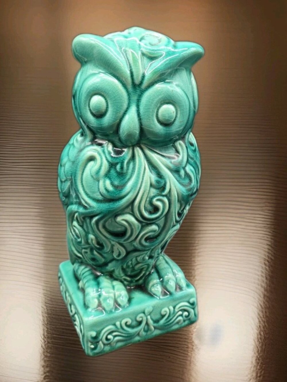 Vintage Ceramic Owl Turquoise Green Glaze Distressed Art Pottery Figurine 11"